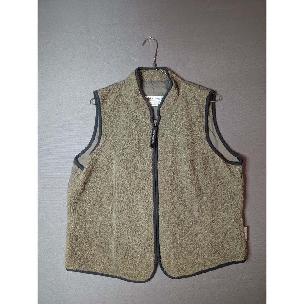 Vintage Columbia Fleece Vest Mens Large Olive Green Quilted Back Full Zip USA